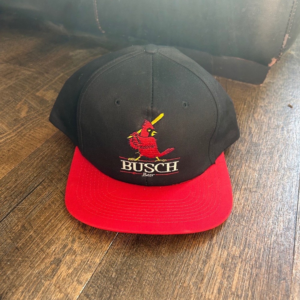 Vintage Busch Beer St Louis Cardinals Snapback Hat Black Red Slugger Bird Cap
